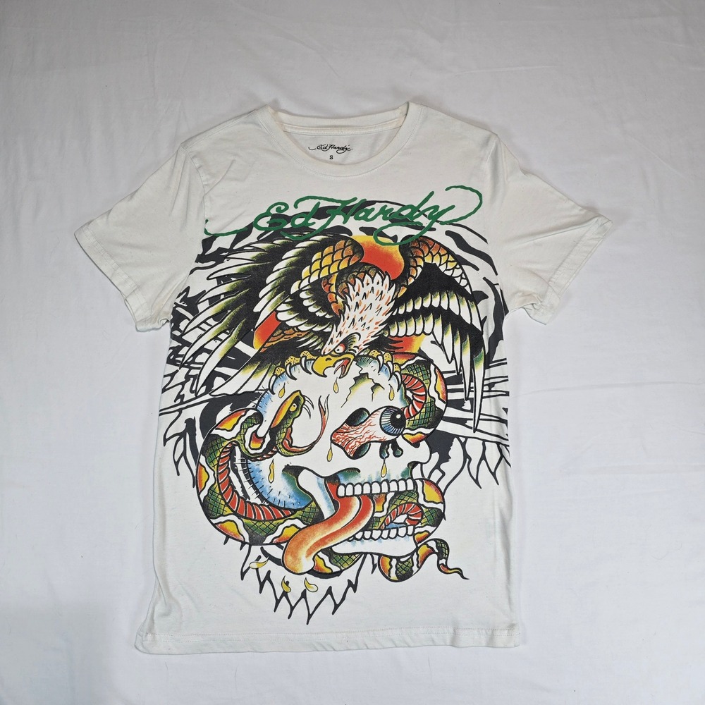Ed Hardy Mens White Graphic Tee Skull Eagle Snake Tattoo Print Shirt EHMD110054L
